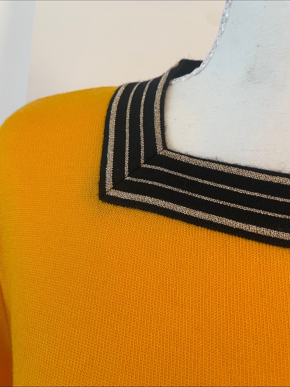 Vintage Yves Saint Laurent Mustard Yellow Sweater Square Neck Knit Top Black Tri - Picture 3 of 10